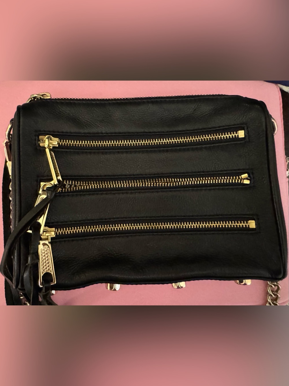 Rebecca Minkoff Black Leather Crossbody Bag with Gold Zippers